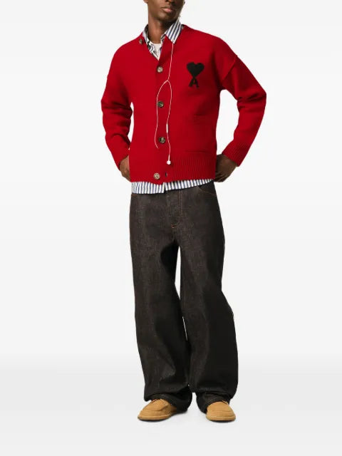 AMI Paris red crewneck wool cardigan with Ami de Coeur