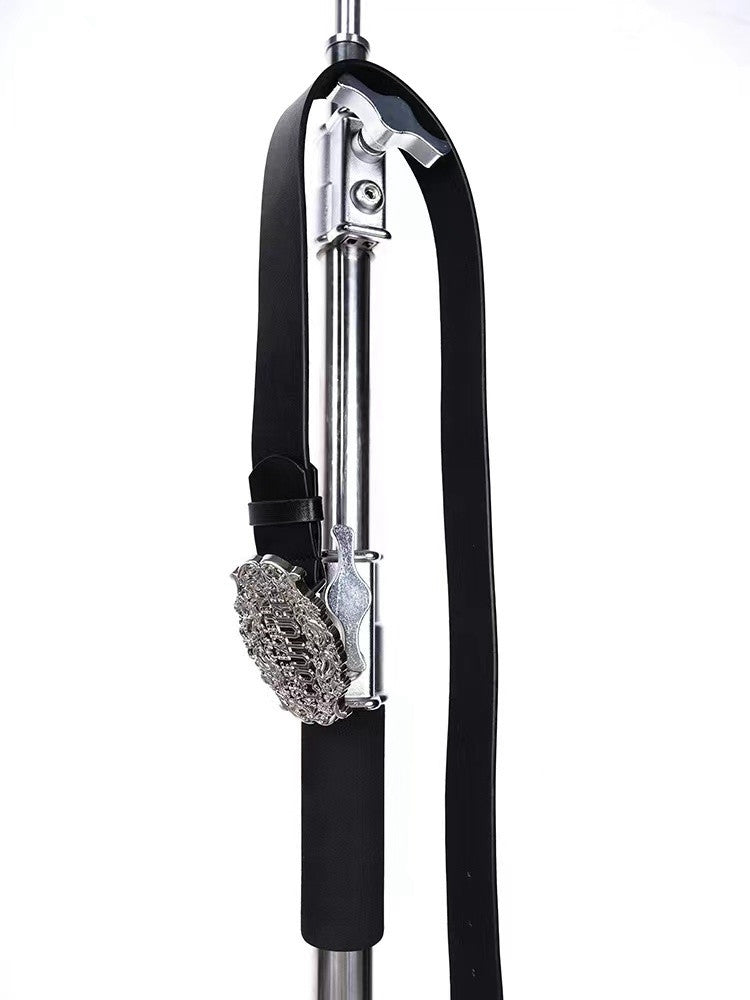 Startexceedend Leather Belt Silver Ornate Logo Metal Buckle Waist Belt