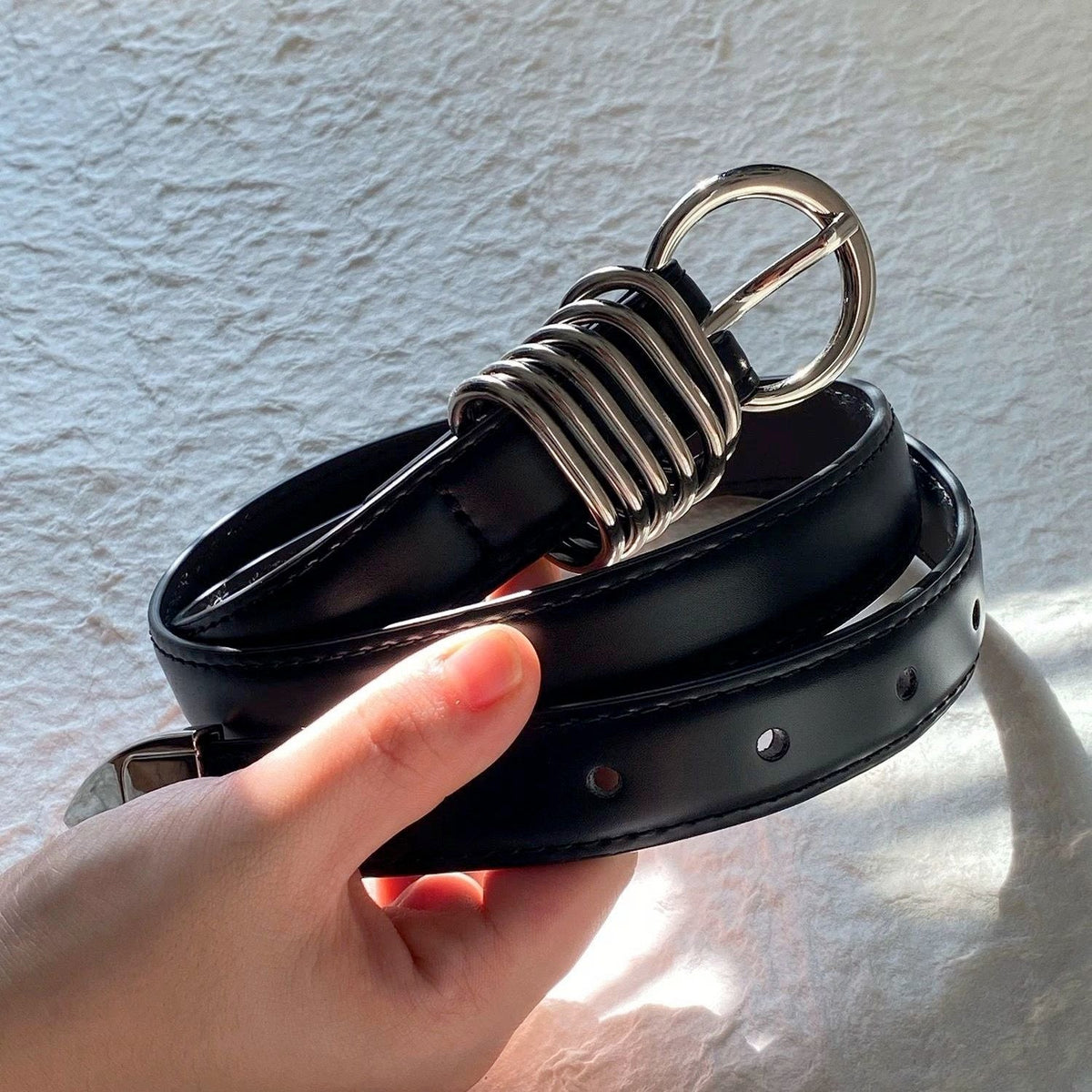 Multi Ring Metal Buckle Leather Belt Unisex Denim Waist Belt