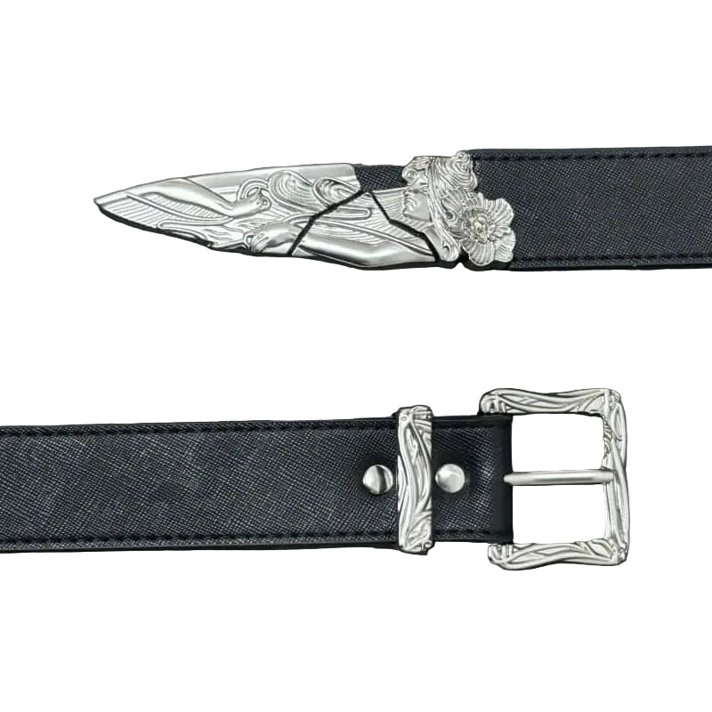 Western Broken Sword Engraved Metal Tip Genuine Leather Unisex Belt