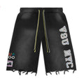 Vale Forever Distressed Frayed Hem Washed Black Graphic Sweat Shorts