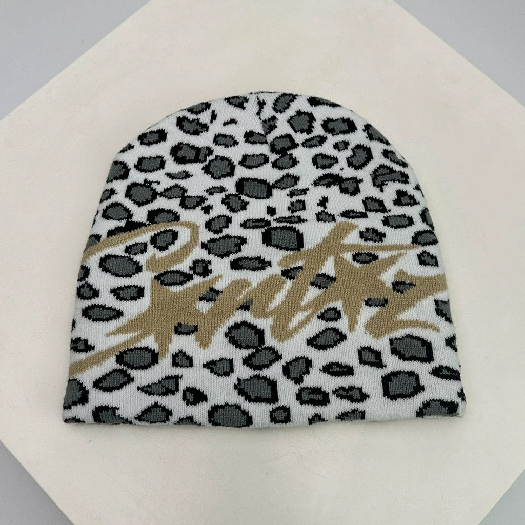 Corteiz Script Leopard Print Knit Beanie – Tan / White / Blue