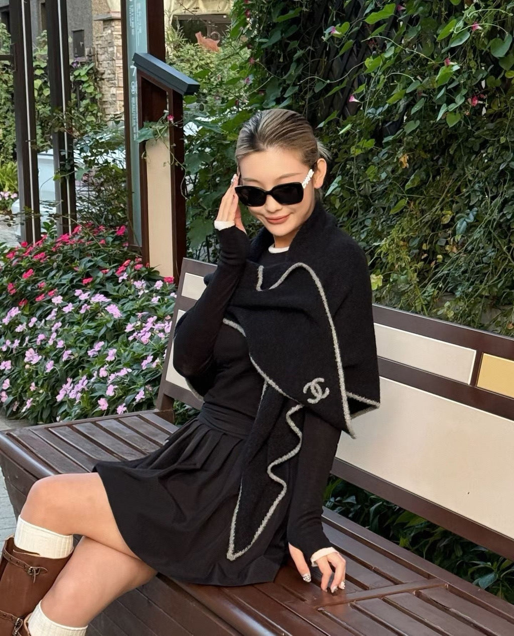 Chanel Style Fuzzy Triangle Logo Scarf