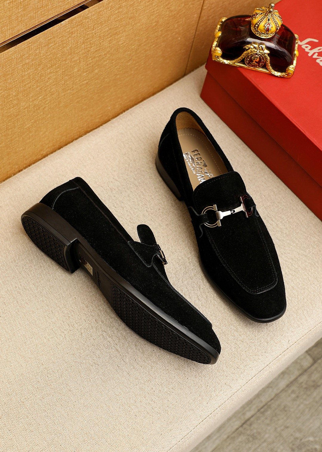 Men's Black Suede Buckle Slip-On Loafers