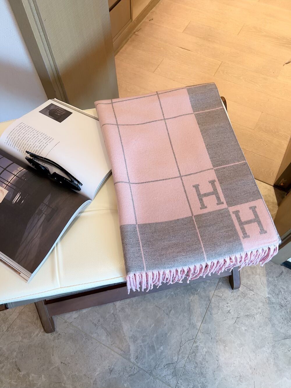 Hermes Fringed Grid Motif Scarf