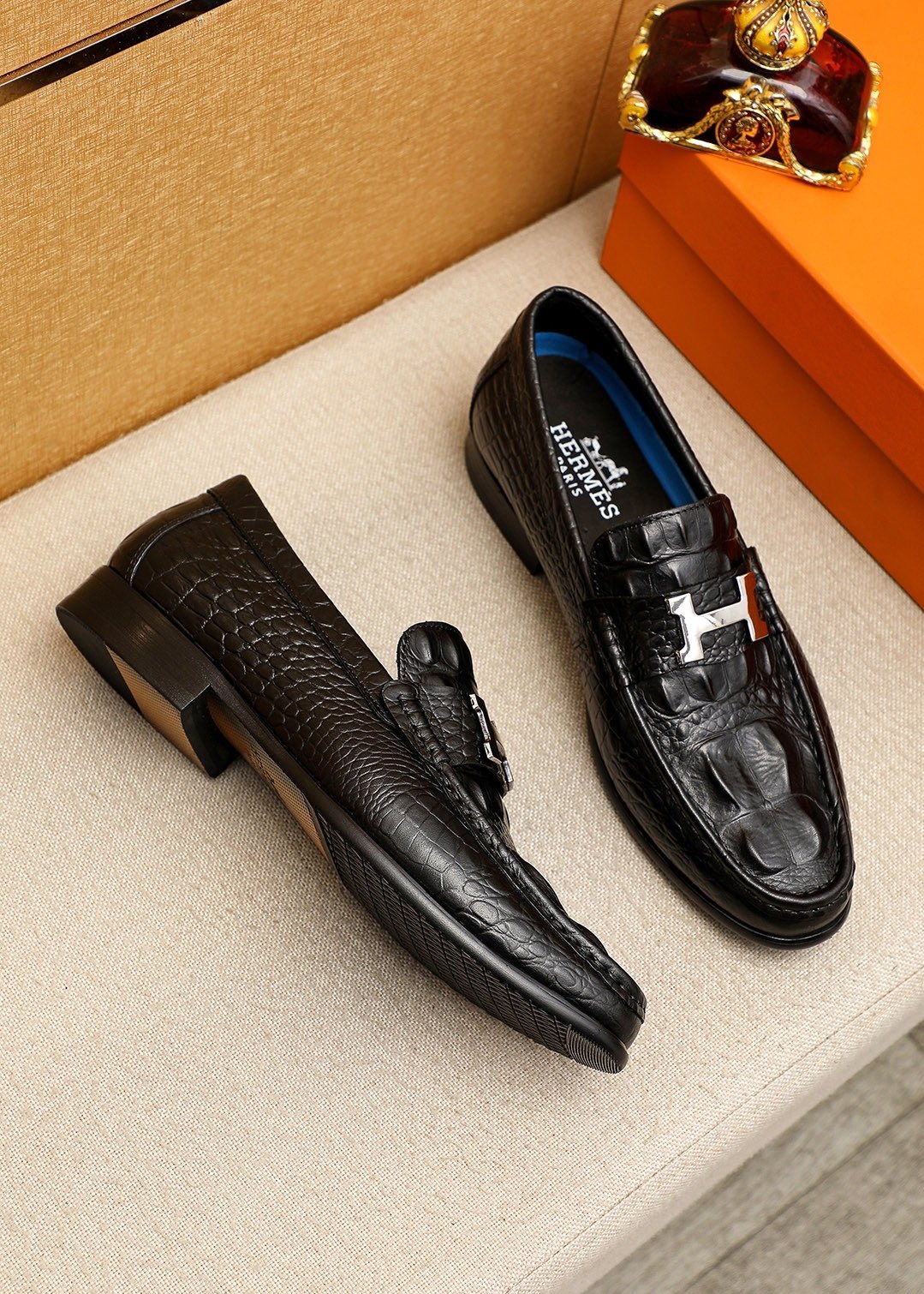 Hermès Textured Metal-Hardware Loafers